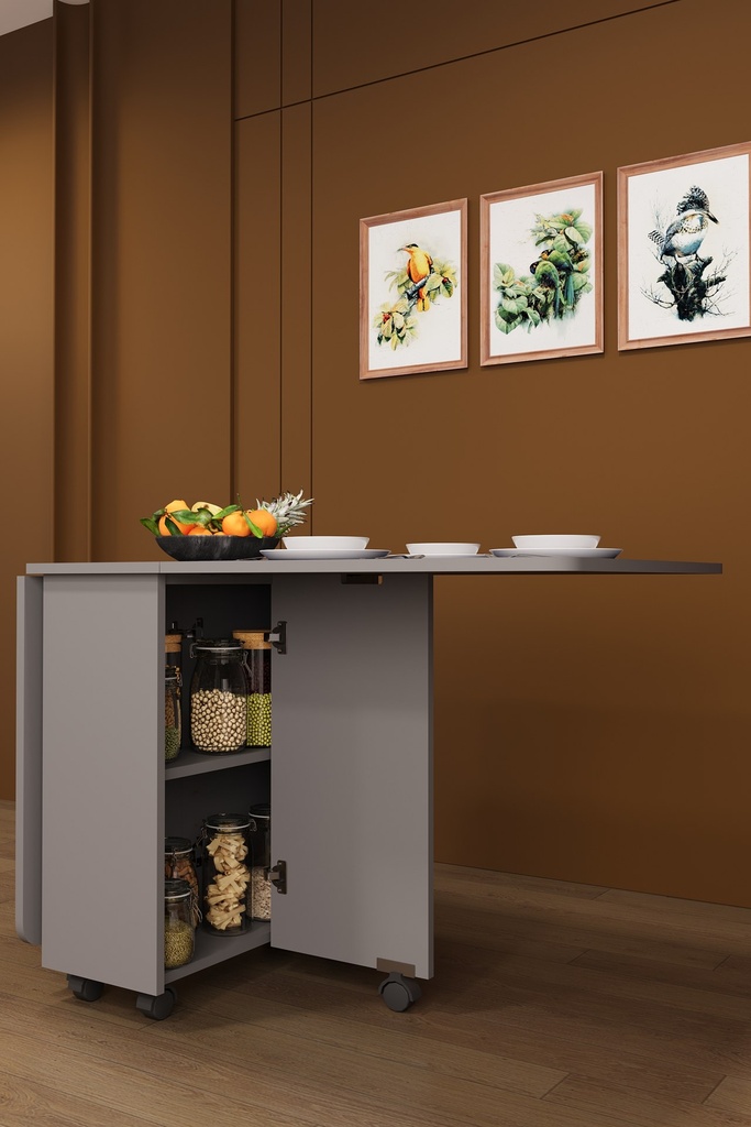 Katlanır Mutfak Masası 155x70 cm Raflı Tekerlekli Dolaplı - KM-12