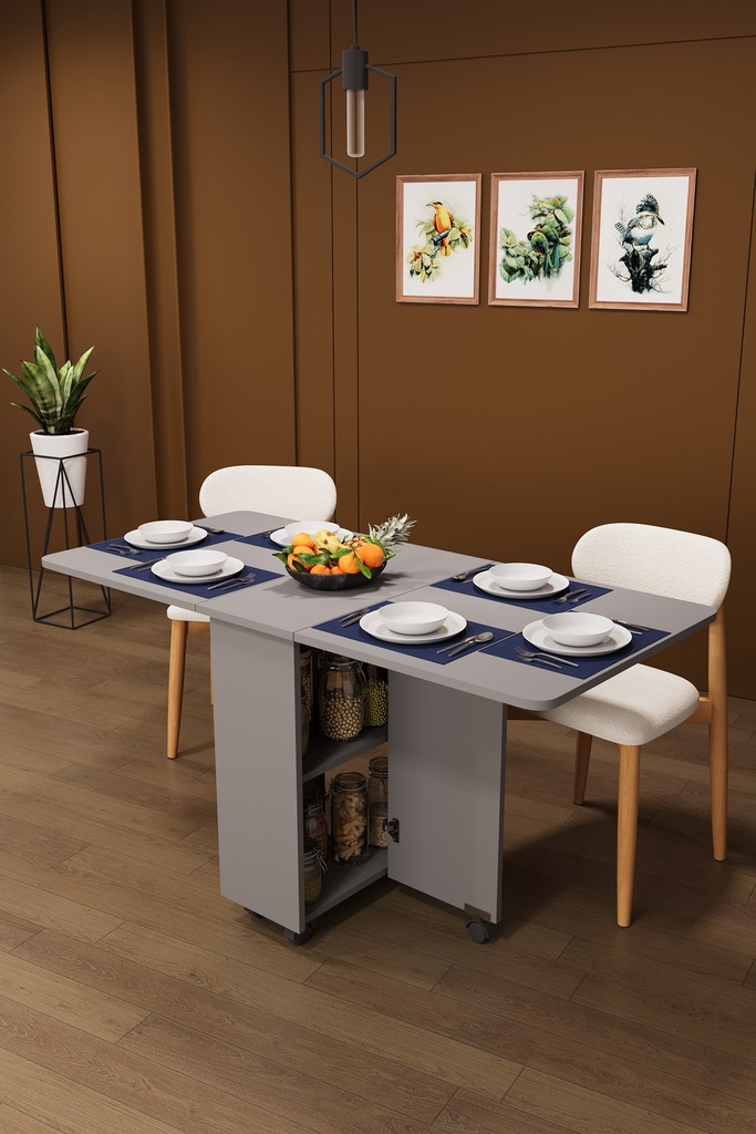 Katlanır Mutfak Masası 155x70 cm Raflı Tekerlekli Dolaplı - KM-12