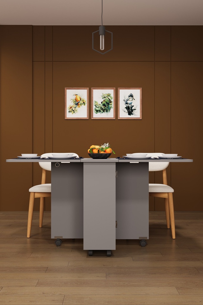 Katlanır Mutfak Masası 155x70 cm Raflı Tekerlekli Dolaplı - KM-12
