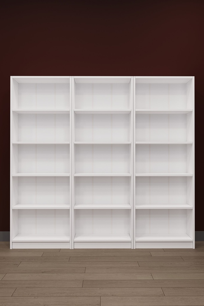 Beyaz K004 üç modül raflı kitaplık boş hâlde önden görünüm, 180x169 cm