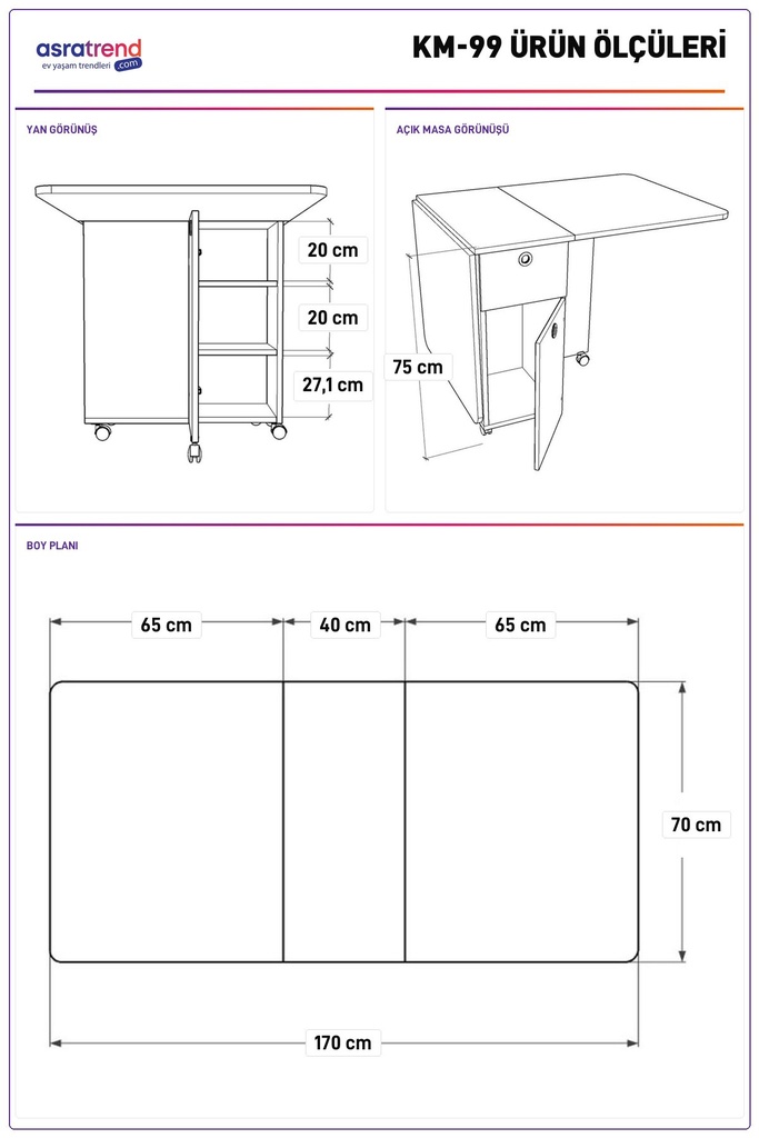 KM-99 ölçü şeması: açıkken 170x70x75 cm, kapalıyken 40 cm; dolap rafları 20/20/27,1 cm