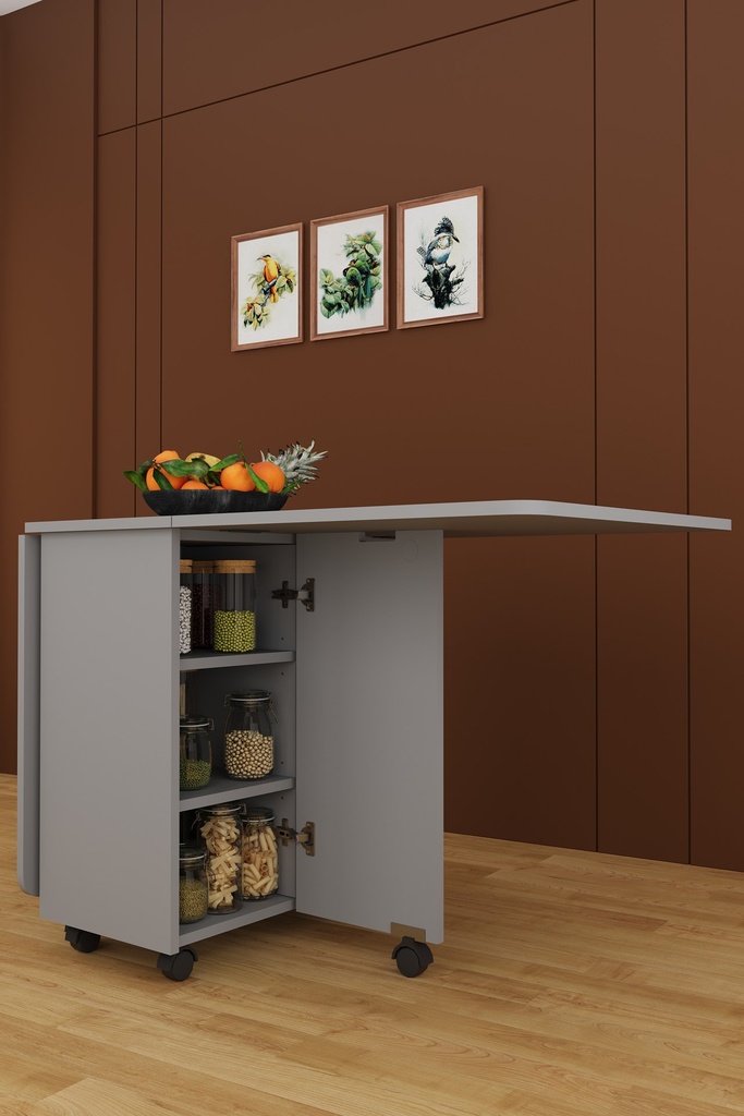 Tek Çekmeceli Dolaplı Katlanır Mutfak Masası 170x70 cm Tekerlekli KM-99