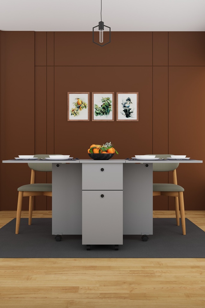 Tek Çekmeceli Dolaplı Katlanır Mutfak Masası 170x70 cm Tekerlekli KM-99