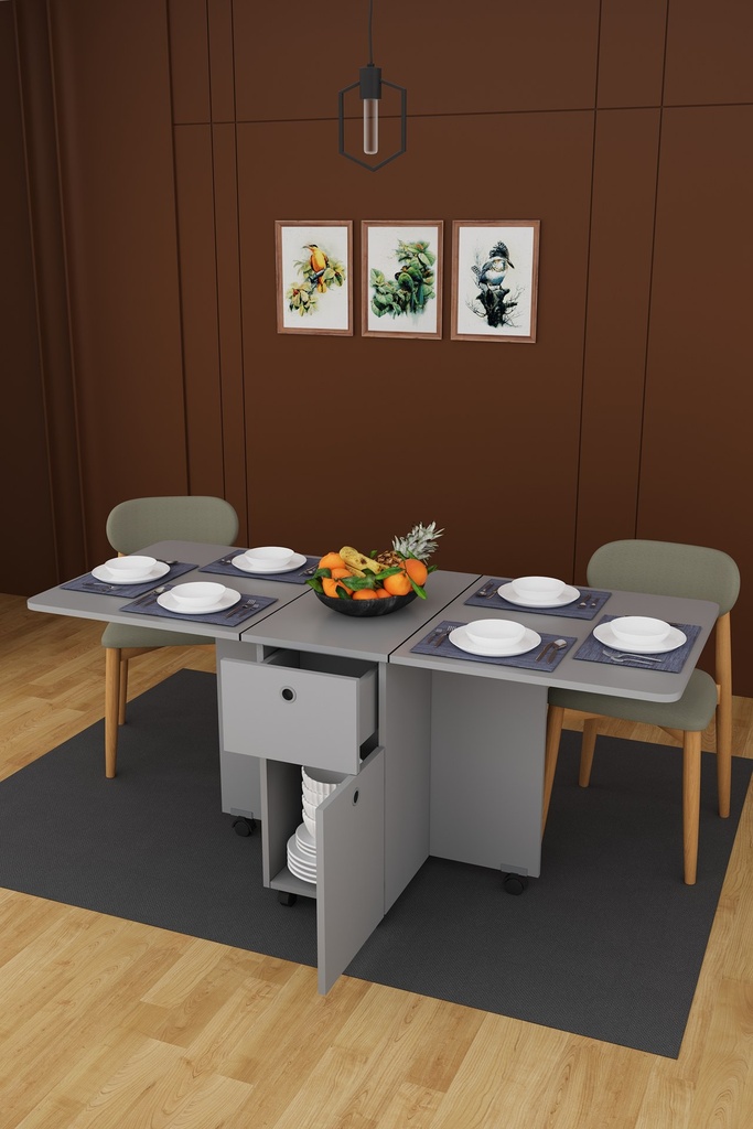 Tek Çekmeceli Dolaplı Katlanır Mutfak Masası 170x70 cm Tekerlekli KM-99
