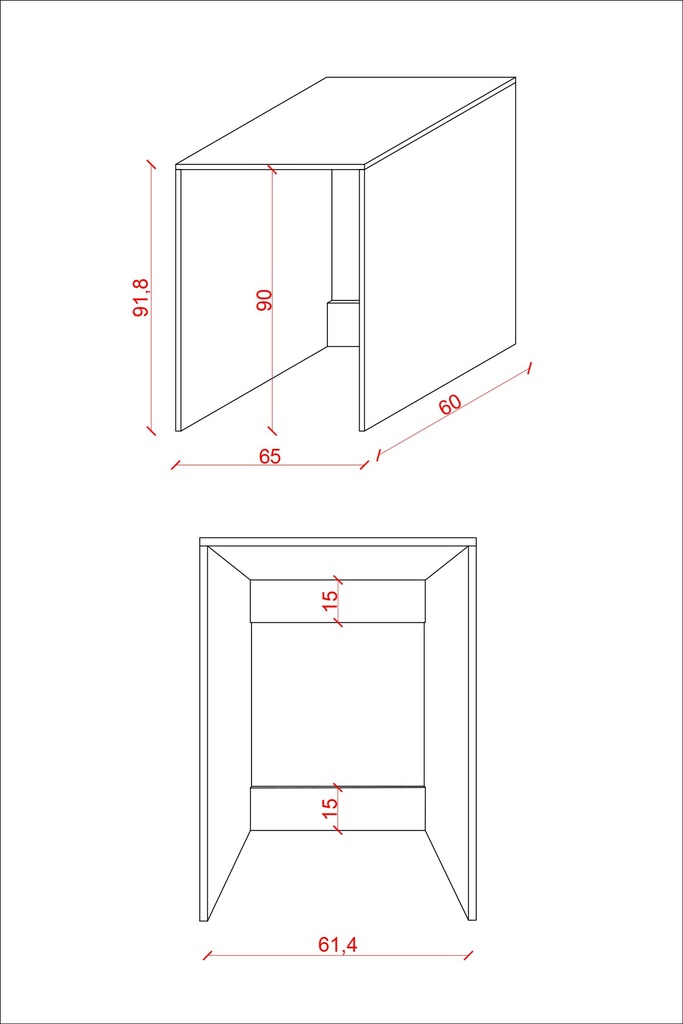 BD-07 makine üstü dolap ölçü şeması: 65 x 91,8 x 60 cm gövde, 61,4 x 90 cm iç açıklık, arkada 15 cm bağlantı kuşakları