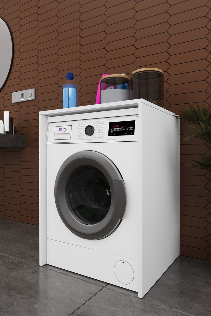 Beyaz BD-07 çamaşır makinesi üzeri dolap açılı görünüm, makine gövdenin içinde