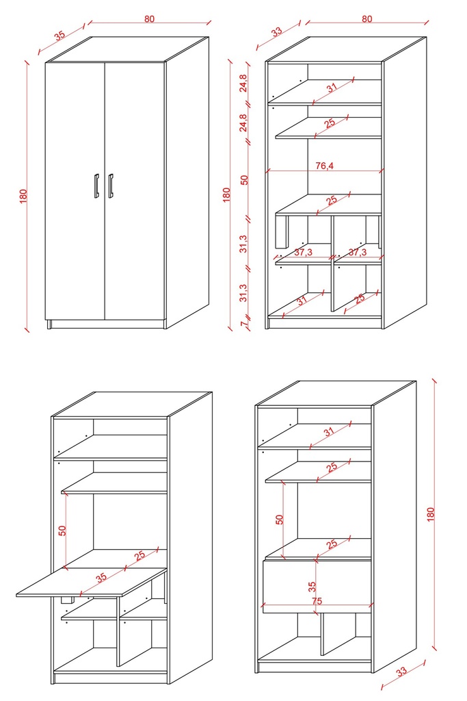 MD-01 çalışma masalı dolap ölçü şeması: 80 x 180 x 35 cm gövde, 76,4 cm iç genişlik, masa üstünde 50 cm boşluk, raf araları 24,8 cm, alt gözler 37,3 x 31,3 cm