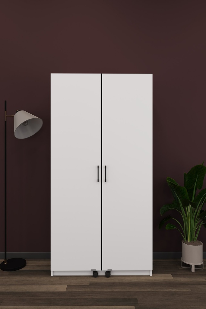 Beyaz MD-01 çalışma masalı dolap kapalı hâlde önden görünüm, iki kapaklı 80x180 cm gövde