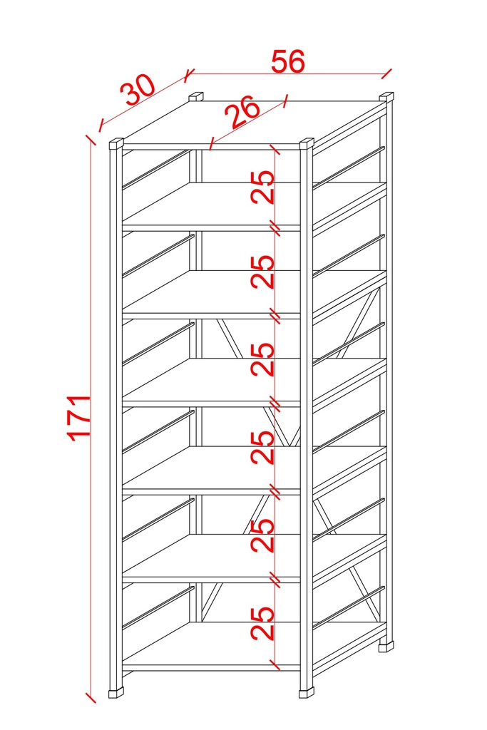 7 Raflı Metal Kitaplık Tek Modül 56x171 cm METALK01