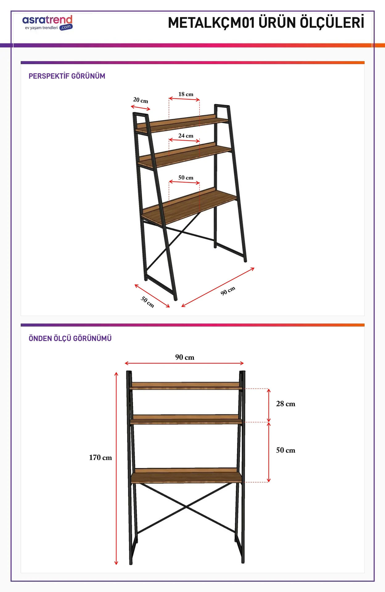 METALKÇM01 ölçü şeması: genişlik 90 cm, derinlik 50 cm, yükseklik 170 cm; raf derinlikleri 18, 24 ve 50 cm; raf aralıkları 28 ve 50 cm; üst çerçeve derinliği 20 cm