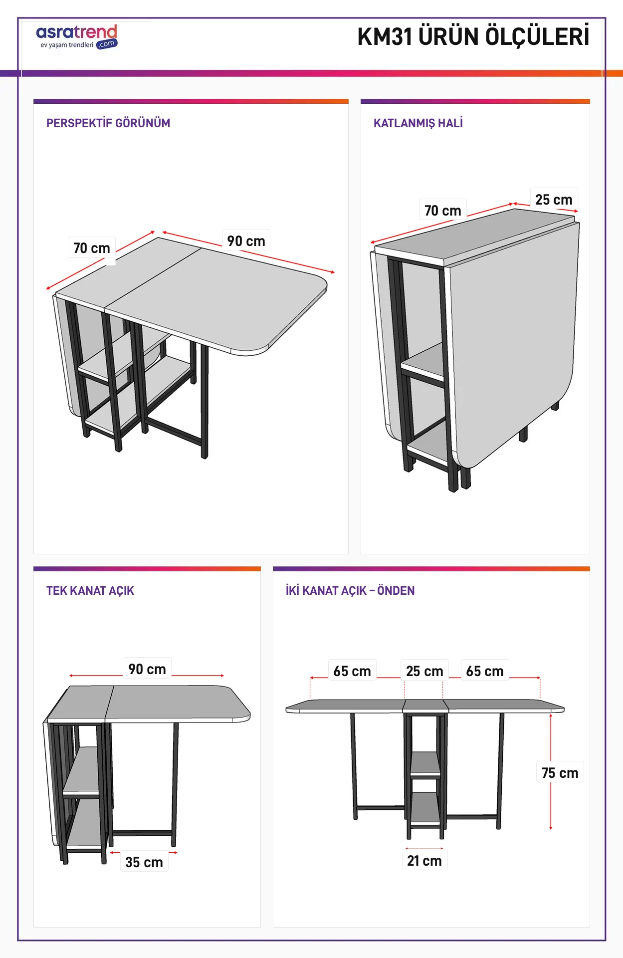 KM31 ölçü şeması: açık hali 90x70 cm; katlanmış hali 70x25 cm; tek kanat açık 90 cm, raf gövdesi 35 cm; iki kanat açık 65+25+65 cm, yükseklik 75 cm, orta gövde 21 cm