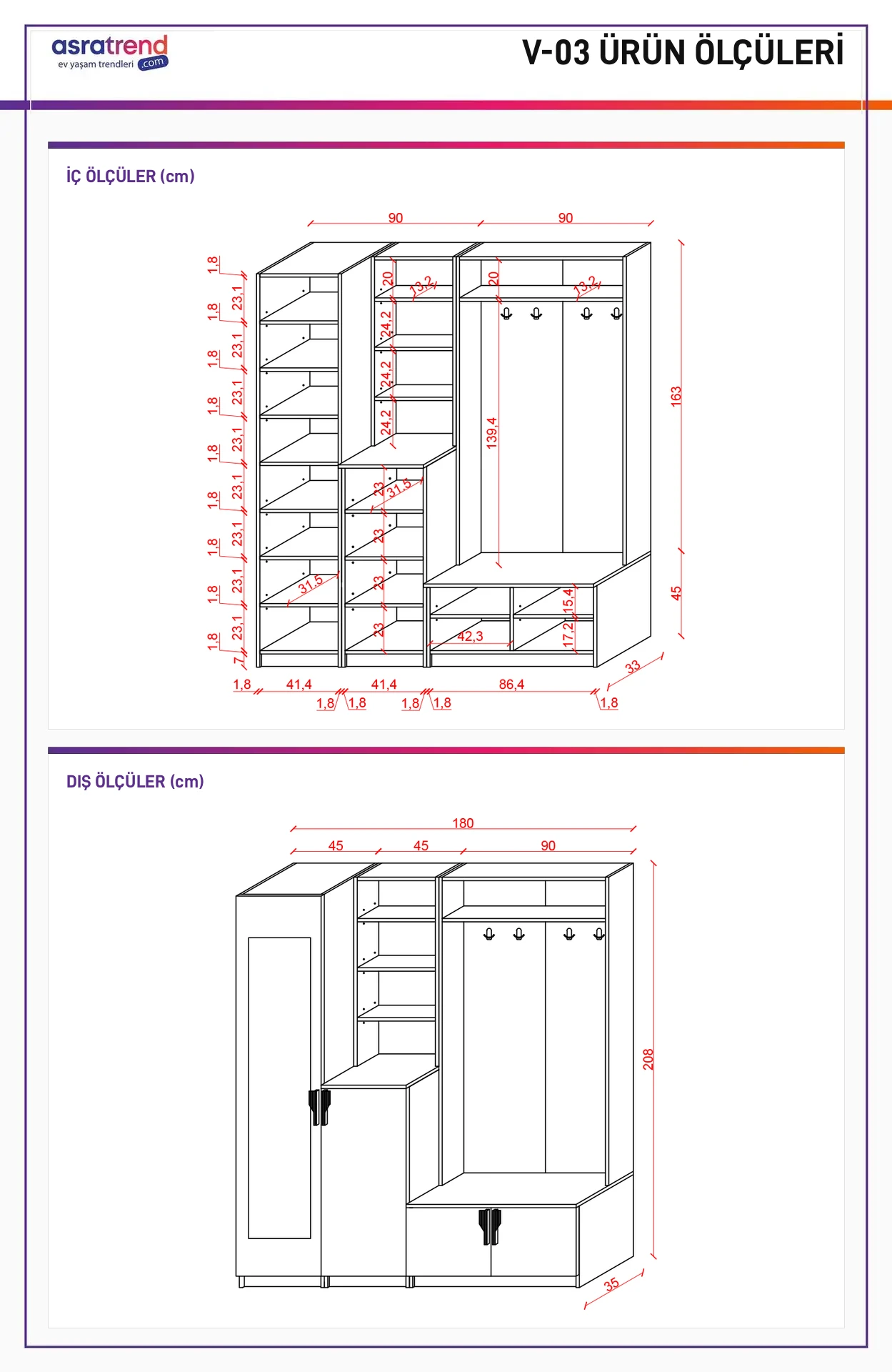 V-03 vestiyer ölçü şeması: 180x208x35 cm, 139,4 cm kancalı askı bölmesi, 45 cm oturma bankı, 23,1 cm ayakkabı rafı aralıkları