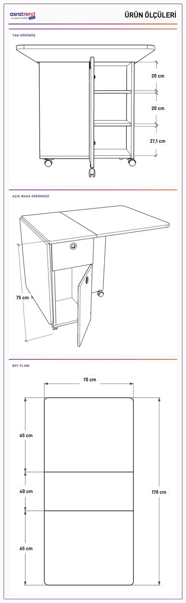 KM-02 ölçü şeması: kapalı halde raf yükseklikleri 20 ve 27,3 cm; açık halde 75 cm; üstten 78x138 cm