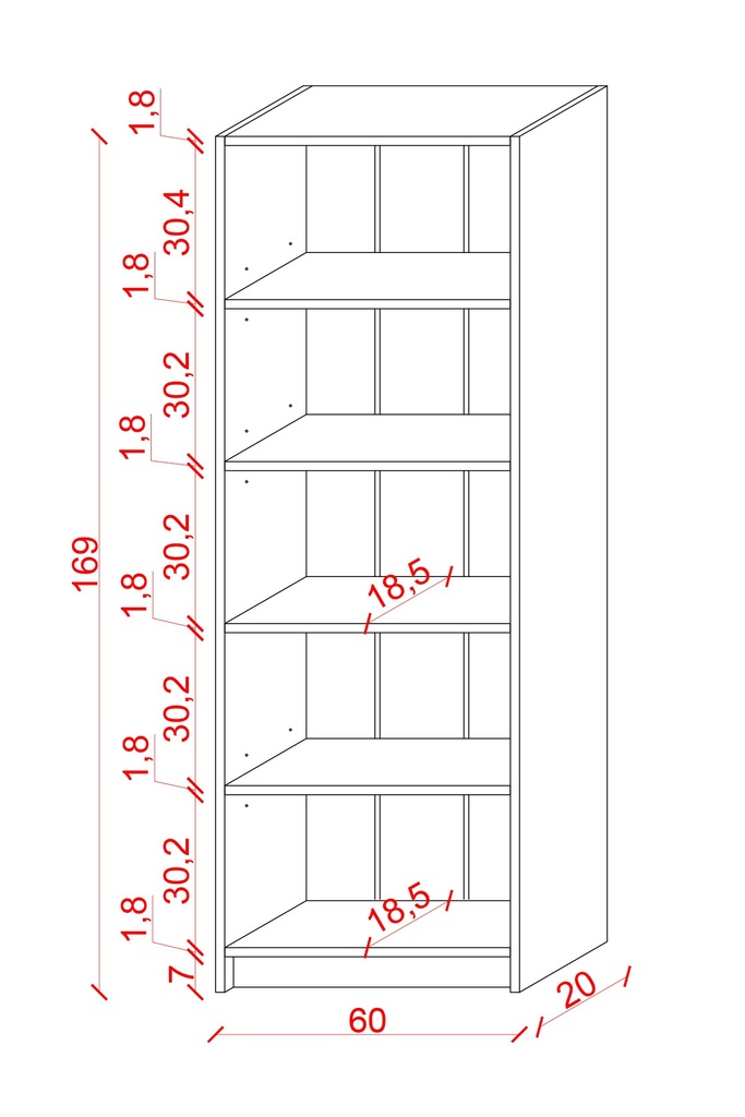 Raflı Kitaplık 169 cm Tek Modül Açık Kitaplık K002 