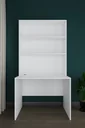 ÇM-03 Beyaz kitaplıklı çalışma masası önden boş hâlde; üç raflı üst kitaplık ve 100 cm masa yüzeyi.