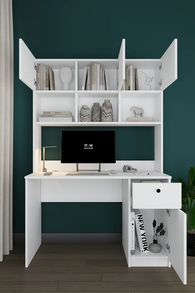 Üst Dolaplı Çalışma Masası 120 cm, Kapaklı Raflı ve Çekmeceli - ÇM-04
