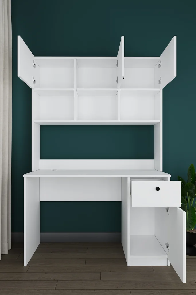 Üst Dolaplı Çalışma Masası 120 cm, Kapaklı Raflı ve Çekmeceli - ÇM-04