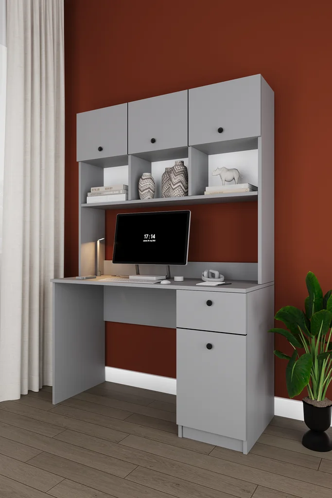 Üst Dolaplı Çalışma Masası 120 cm, Kapaklı Raflı ve Çekmeceli - ÇM-04