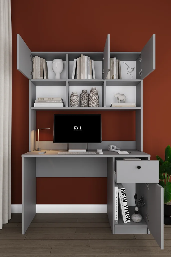 Üst Dolaplı Çalışma Masası 120 cm, Kapaklı Raflı ve Çekmeceli - ÇM-04