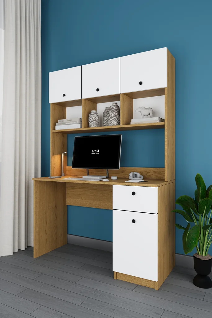 Üst Dolaplı Çalışma Masası 120 cm, Kapaklı Raflı ve Çekmeceli - ÇM-04