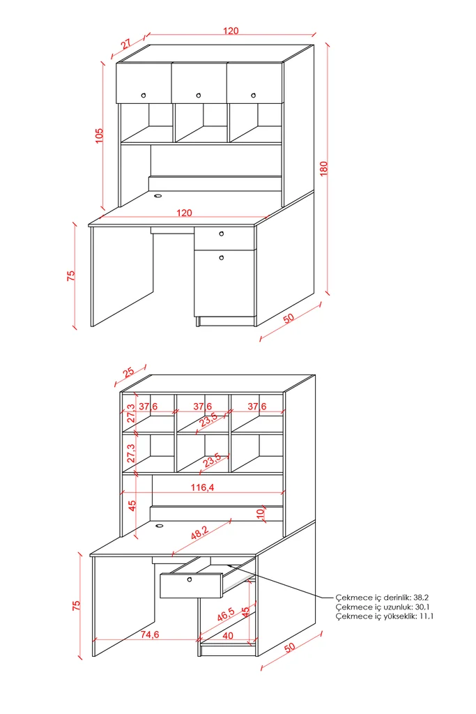 ÇM-04 ölçü şeması: 120 cm genişlik, 50 cm derinlik, 180 cm yükseklik; üst dolap 105 cm ve 27 cm derinlik, masa yüksekliği 75 cm, raf bölmeleri 37,6 x 27,3 cm, çekmece iç ölçüsü 30,1 x 38,2 x 11,1 cm.