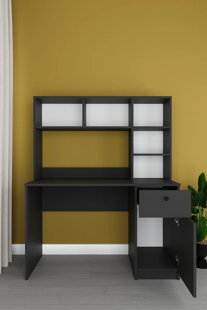 Kitaplıklı Çalışma Masası 120 cm, Raflı ve Çekmeceli Ders Masası - ÇM-05