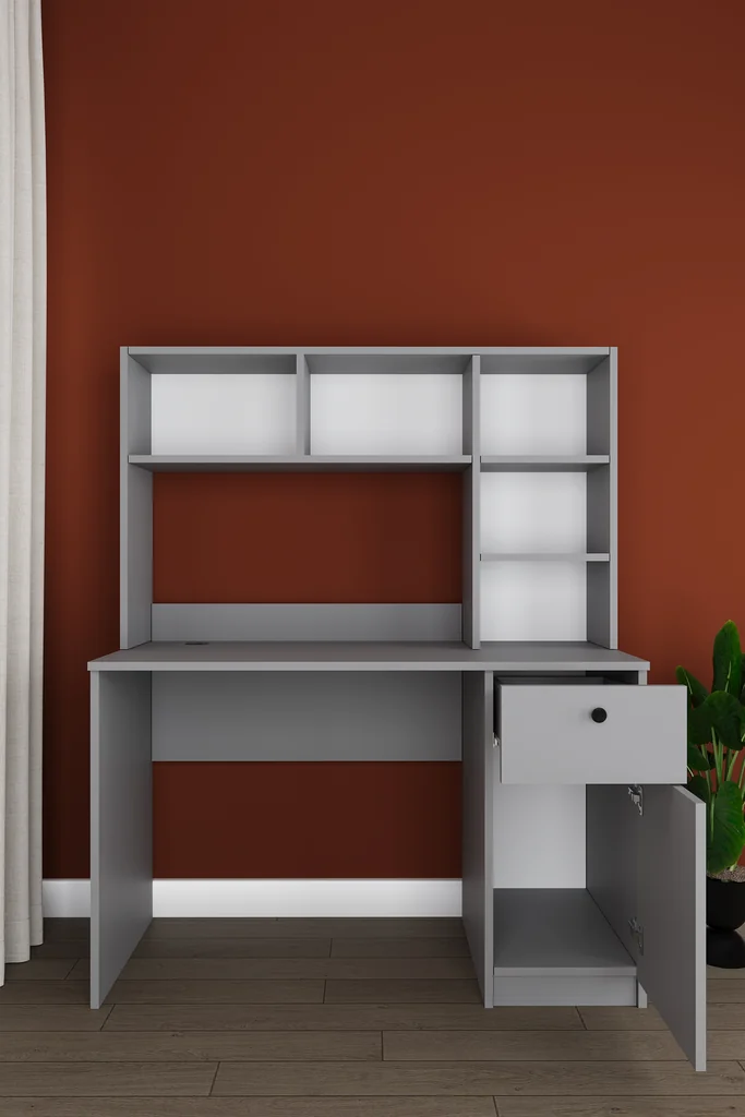 Kitaplıklı Çalışma Masası 120 cm, Raflı ve Çekmeceli Ders Masası - ÇM-05