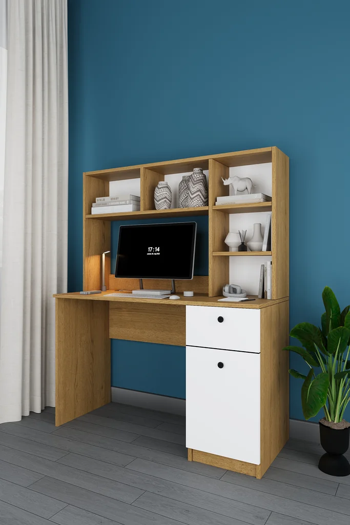 Kitaplıklı Çalışma Masası 120 cm, Raflı ve Çekmeceli Ders Masası - ÇM-05