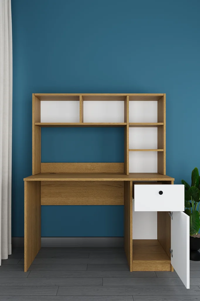 Kitaplıklı Çalışma Masası 120 cm, Raflı ve Çekmeceli Ders Masası - ÇM-05