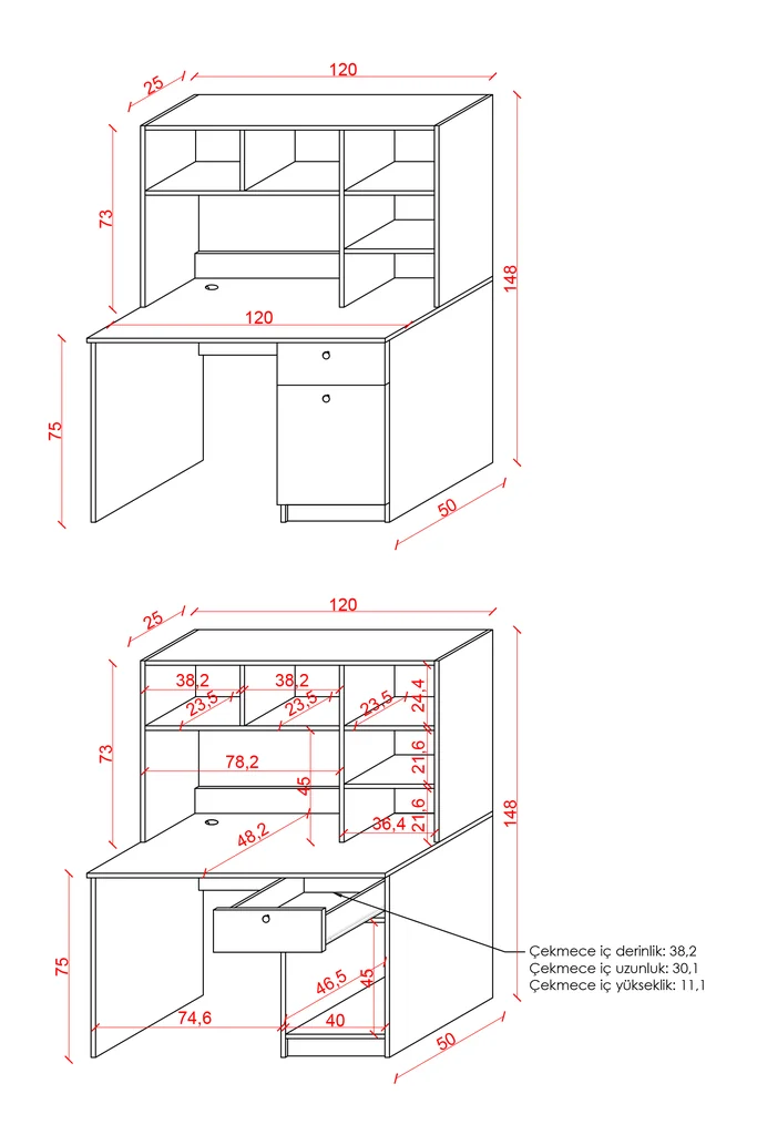ÇM-05 ölçü şeması: 120 cm genişlik, 50 cm derinlik, 148 cm yükseklik; üst kitaplık 73 cm ve 25 cm derinlik, masa yüksekliği 75 cm, raf bölmeleri 38,2 ve 36,4 cm, çekmece iç ölçüsü 30,1 x 38,2 x 11,1 cm.