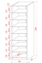 K-06 ölçü şeması: 60 cm genişlik, 30 cm derinlik, 208 cm yükseklik; raf aralıkları 24,8 ve 20,2-20,4 cm.