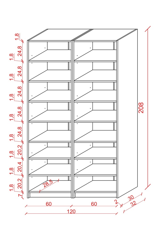 K-14 ölçü şeması: 2 x 60 cm modül, toplam 120 cm genişlik, 30 cm derinlik, 208 cm yükseklik.