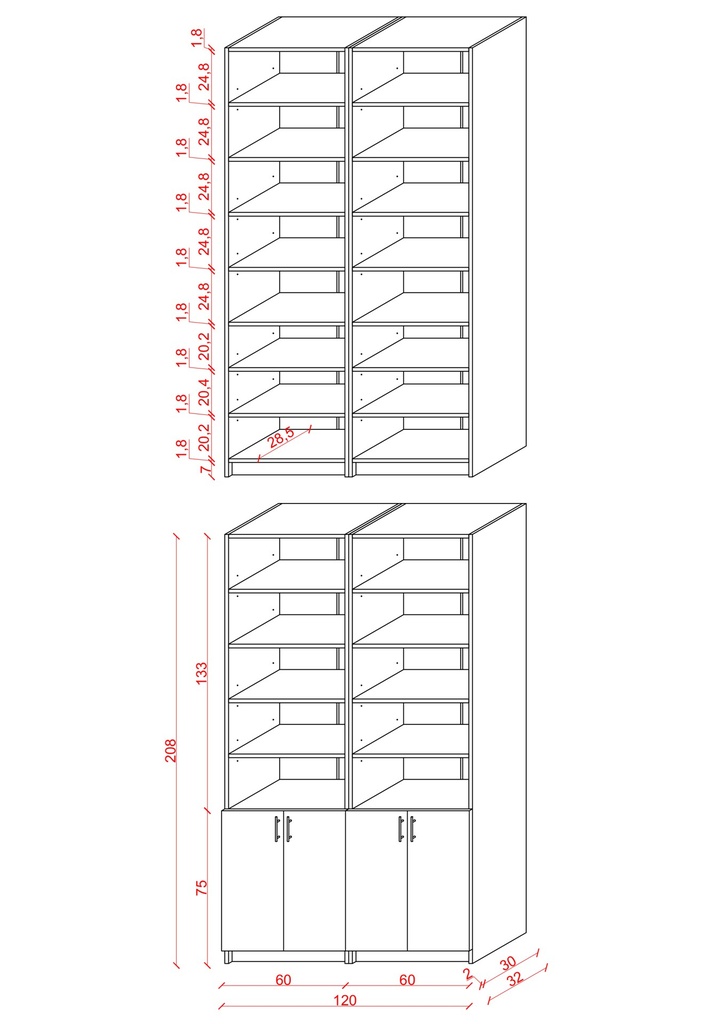 K-44 ölçü şeması: 2 x 60 cm modül, toplam 120 cm genişlik, 30 cm derinlik, 208 cm yükseklik.
