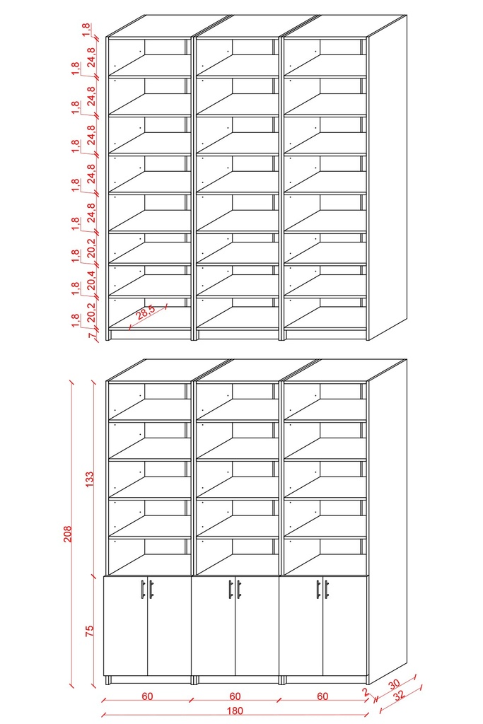 K-55 ölçü şeması: 3 x 60 cm modül, toplam 180 cm genişlik, 30 cm derinlik, 208 cm yükseklik.