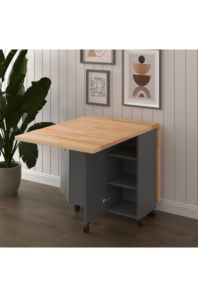 Masif Ahşap Tablalı - Koyu Gri Gövde Katlanır Masa - Çalışma/Yemek/Mutfak Masası  KM-24 ÇAM - Görsel 2