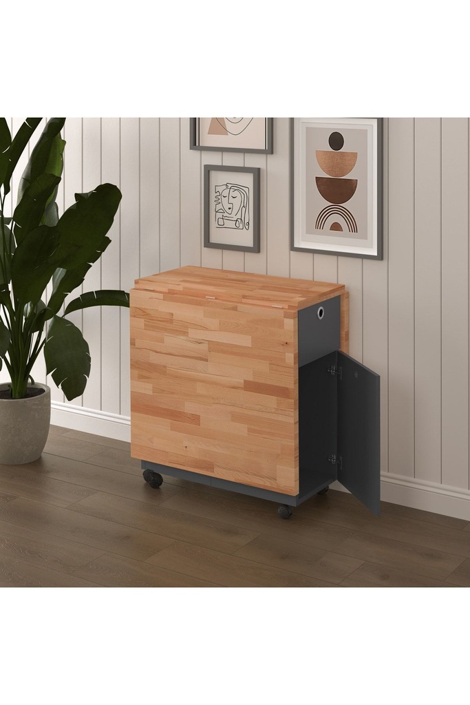 Masif Ahşap Tablalı Koyu Gri Gövde Katlanır Masa - Çalışma Yemek Mutfak Masası ASRATREND KM-25 KAYIN - Görsel 3