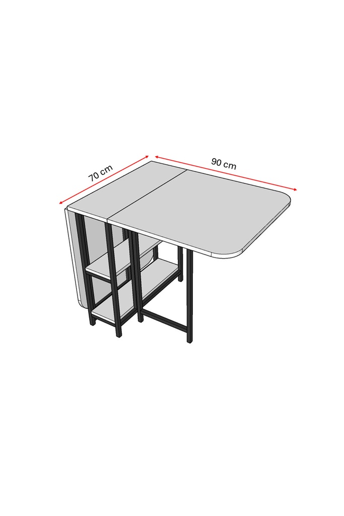 KM-31 ölçü şeması: açık kanat genişliği 90 cm, derinlik 70 cm; metal ayaklı katlanır yemek masası boyutları.