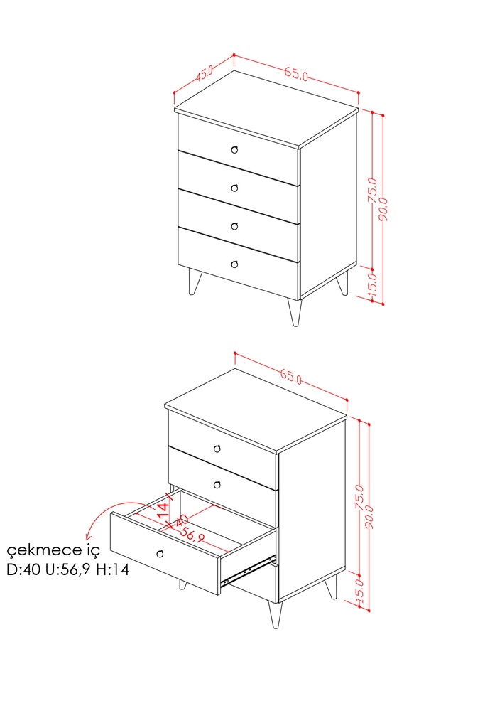 ŞF-01 şifonyerin ölçü şeması: 65 cm genişlik, 45 cm derinlik, 90 cm yükseklik; açık çekmece iç alanı 56,9 x 40 cm.