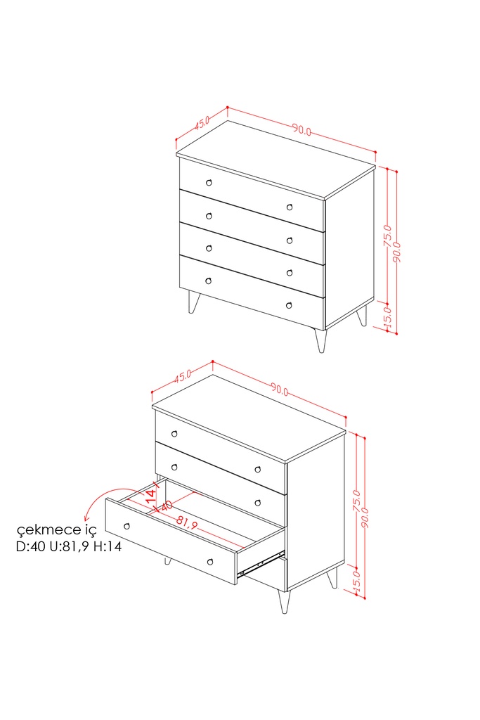 4 Çekmeceli Şifonyer 90 cm MDFLAM Geniş Model - ŞF-02