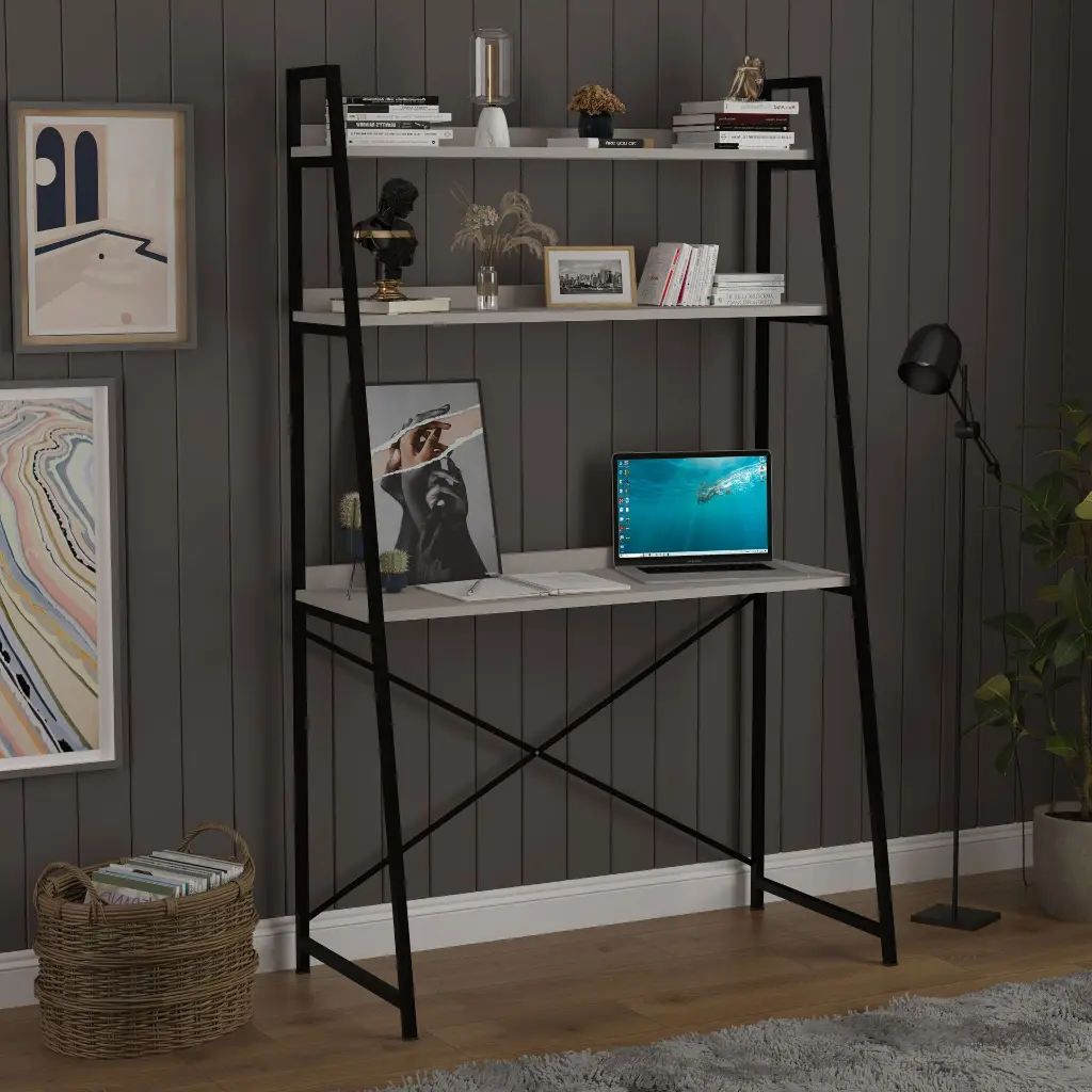 Kitaplıklı Metal Çalışma Masası 90x50 cm Raflı - METALKÇM01