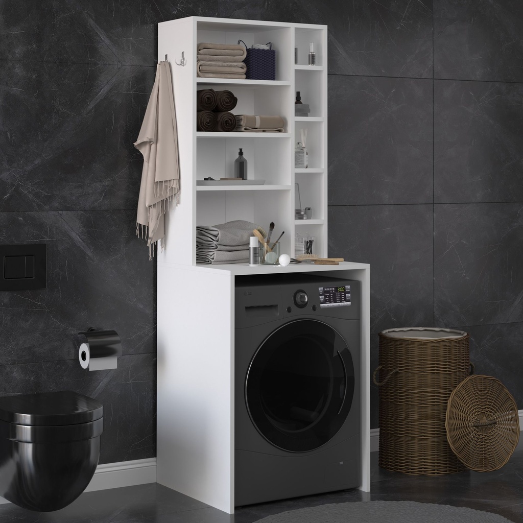 Çamaşır Makinesi Üstü Dolap Açık Raflı Askı Kancalı 65x190 cm - BD-03