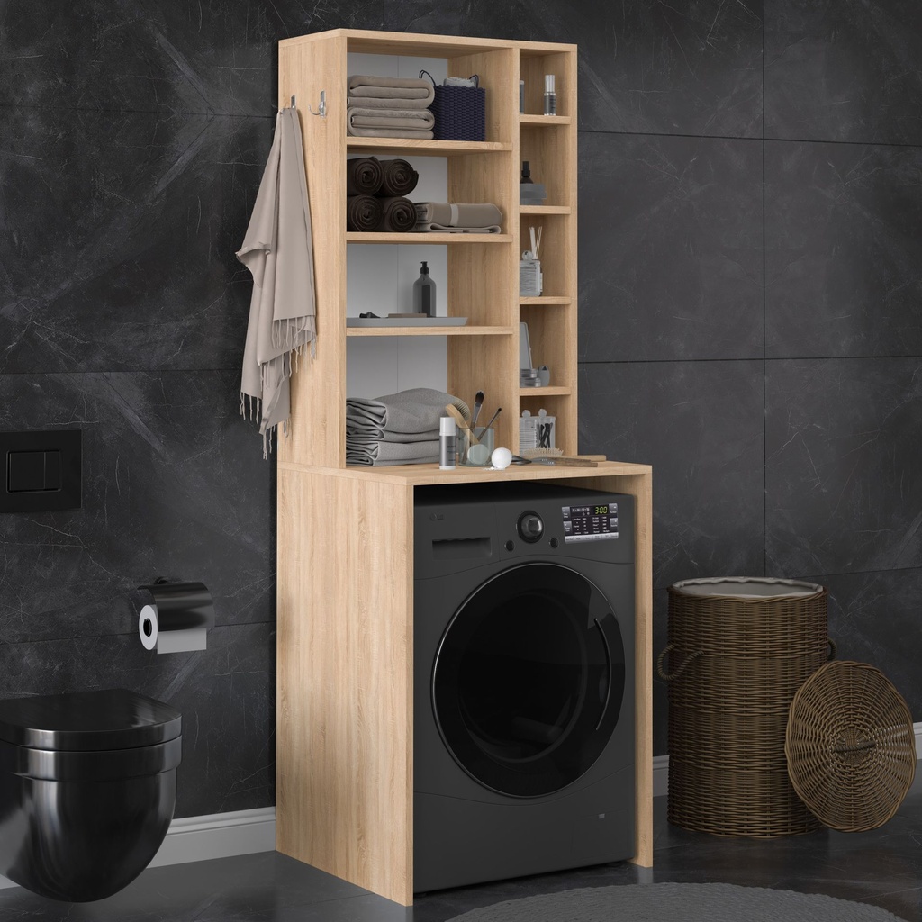 Çamaşır Makinesi Üstü Dolap Açık Raflı Askı Kancalı 65x190 cm - BD-03
