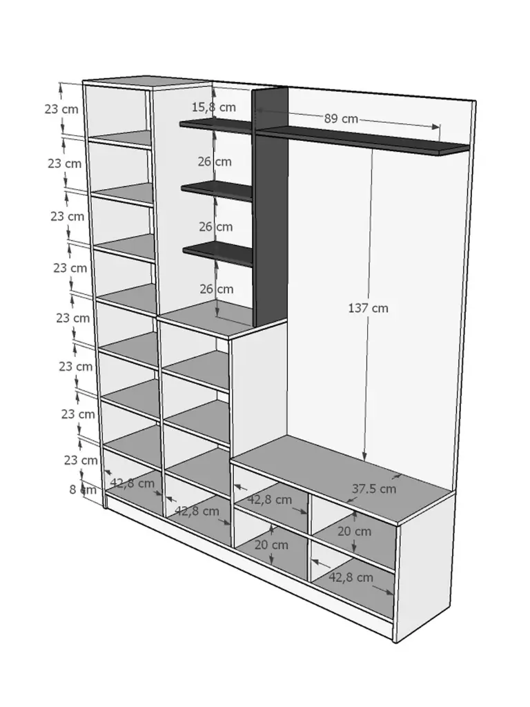 V-03 Aynalı Vestiyer ve Portmanto 180 cm Ayakkabılıklı Raflı