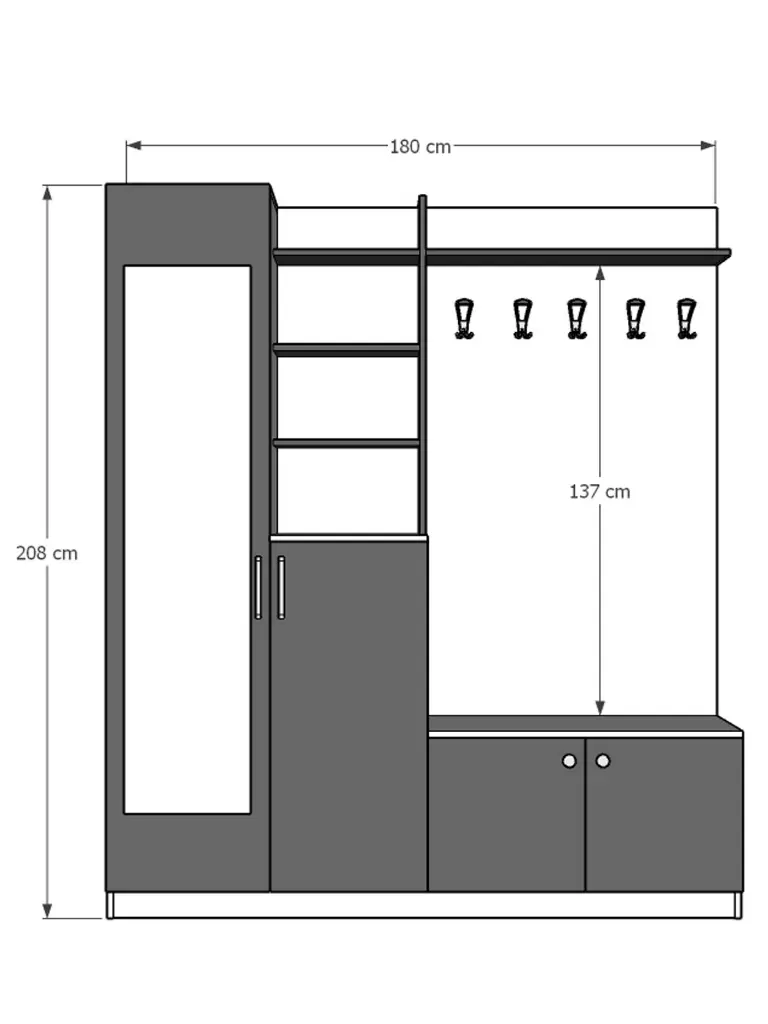 V-03 Aynalı Vestiyer ve Portmanto 180 cm Ayakkabılıklı Raflı