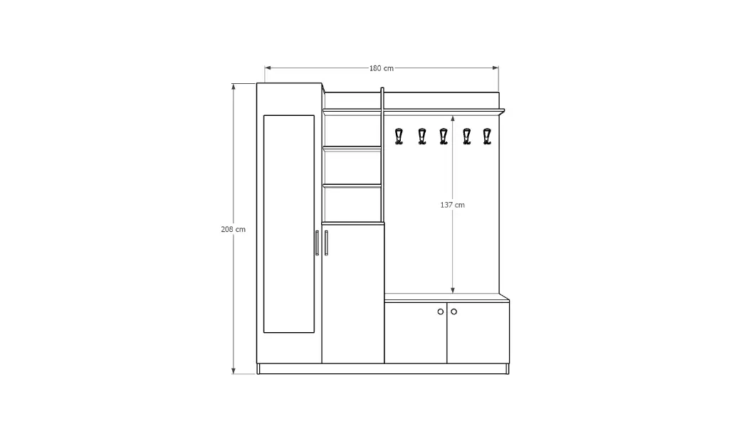 V-03 Aynalı Vestiyer ve Portmanto 180 cm Ayakkabılıklı Raflı
