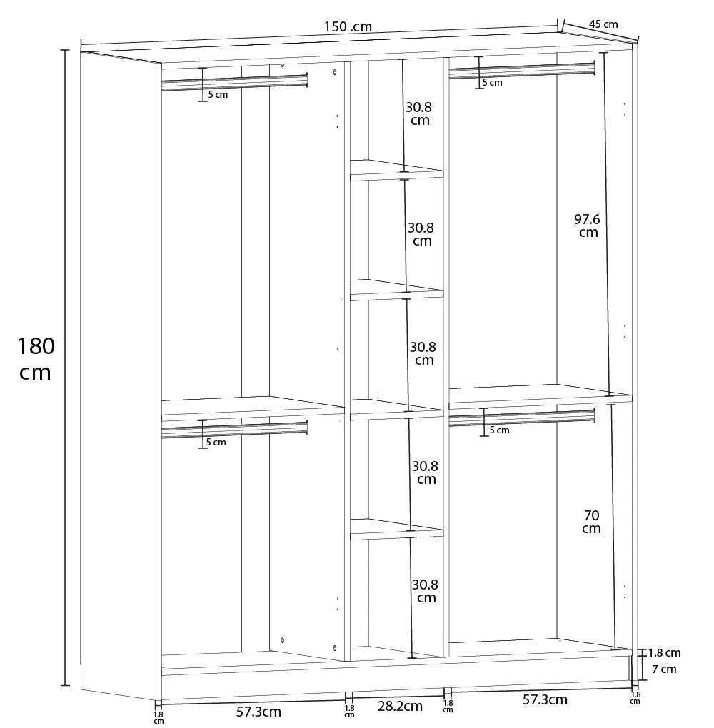5 Kapaklı 150cm Gardırop %100 MDFLAM G-09 - Görsel 2