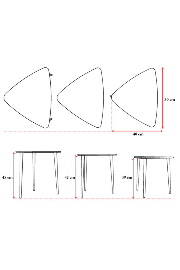 SEHPA02 ölçü şeması: her sehpa 40 cm genişlik ve 50 cm derinlik; yükseklikler 45 cm, 42 cm ve 39 cm