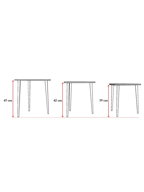 SEHPA02 ölçü şeması: büyük 45 cm, orta 42 cm, küçük 39 cm yükseklikte üçgen zigon sehpaların yan yana teknik çizimi.