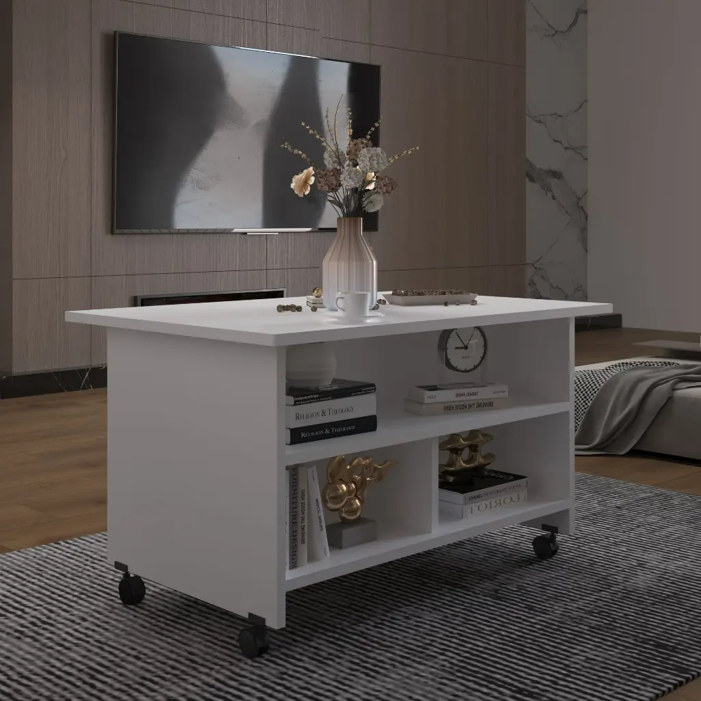 İki Katlı Tekerlekli Orta Sehpa Tekerlekli 90x60 cm %100 MDFLAM - OS01
