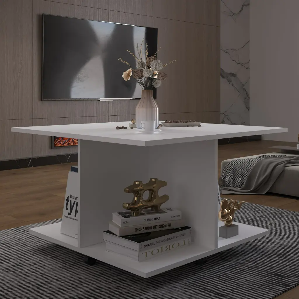 Dört Bölmeli Kare Orta Sehpa Tekerlekli %100 MDFLAM 90x90 cm - OS002